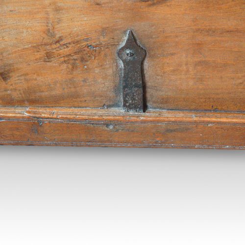 Antique hardwood merchants chest strap detail