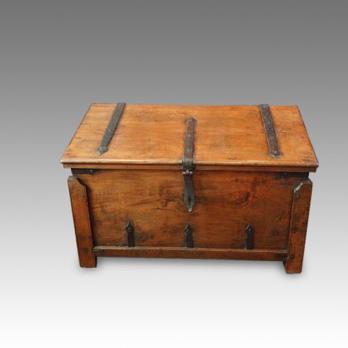 Antique hardwood merchants chest with iron straps