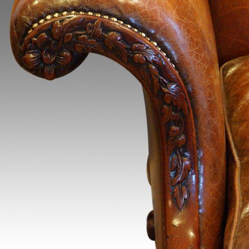 Edwardian camel back leather sofa arm scroll