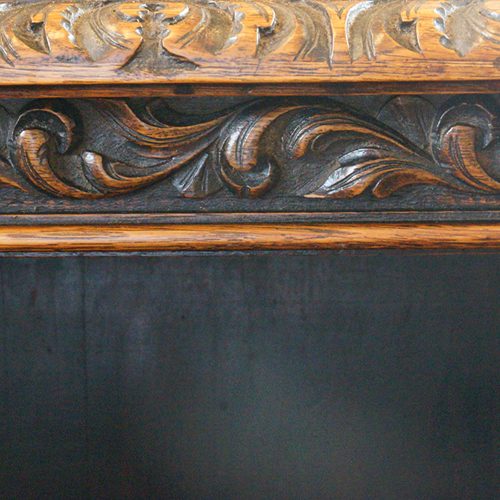 Victorian carved oak open bookcase carving frieze