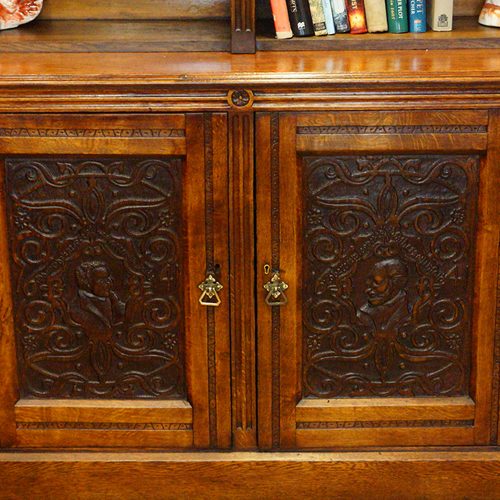Victorian oak library bookcase carved doors