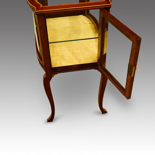 Edwardian inlaid curio display cabinet door open
