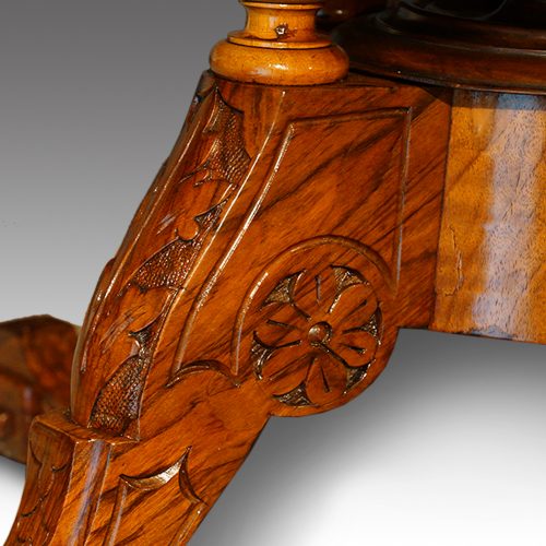 Victorian inlaid walnut oval coffee table carving detail
