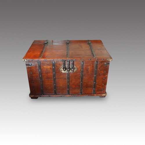 Antique iron bound merchants chest distance view