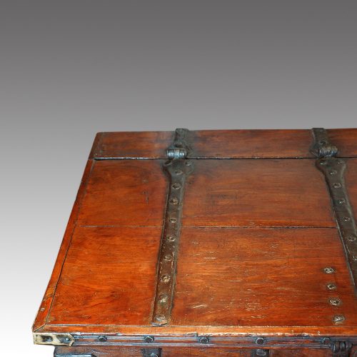 Antique iron bound merchants chest iron strap