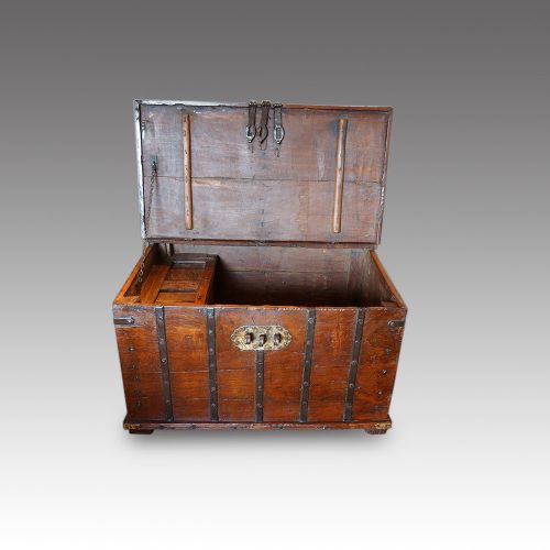 Antique iron bound merchants chest open