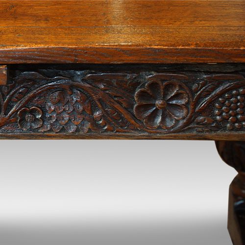 Antique oak large drawleaf dining table frieze