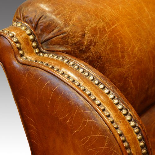 Edwardian pair of easy chairs detail studding