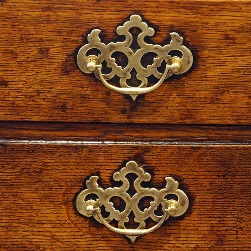 Antique oak potboard dresser base brass fret handles