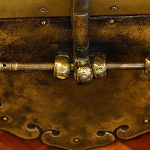 Asian parquetry silk robe chest lock plate detail