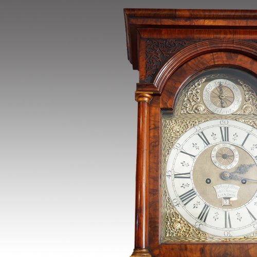 George II walnut longcase clock hood column