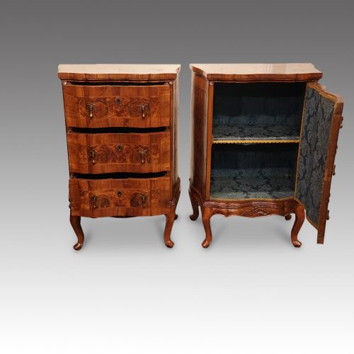 Pair of walnut Continental cabinets cupboard door open