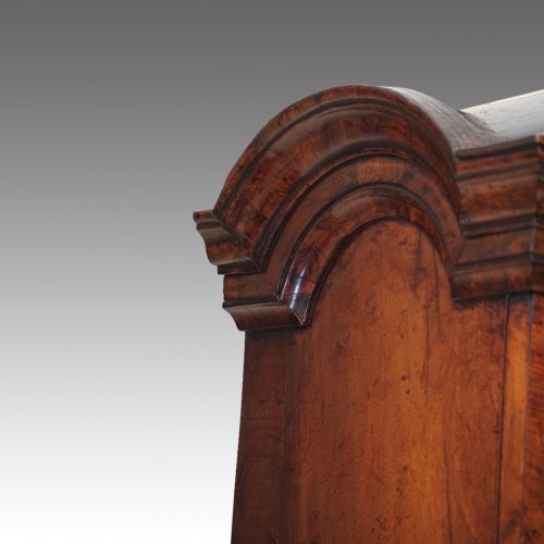 Queen Anne walnut bureau bookcase cornice detail
