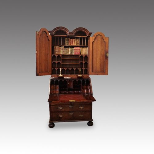 Queen Anne walnut bureau bookcase detail