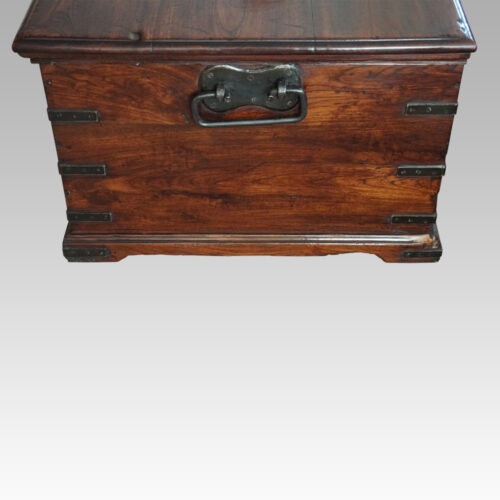 Antique teak merchants chest end view