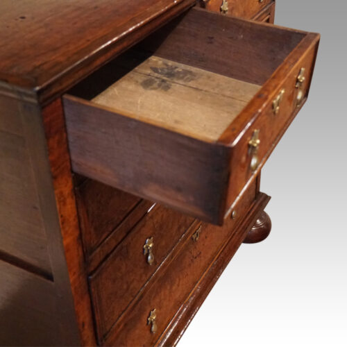 Queen Anne oak and burr elm chest of drawers drawer open