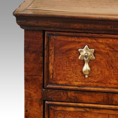 Queen Anne oak and burr elm chest of drawers handle