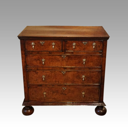 Queen Anne oak and burr elm chest of drawers the front