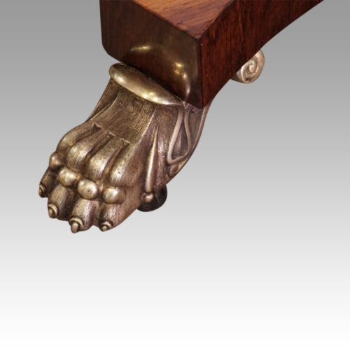 Regency brass inlaid rosewood work table paw foot