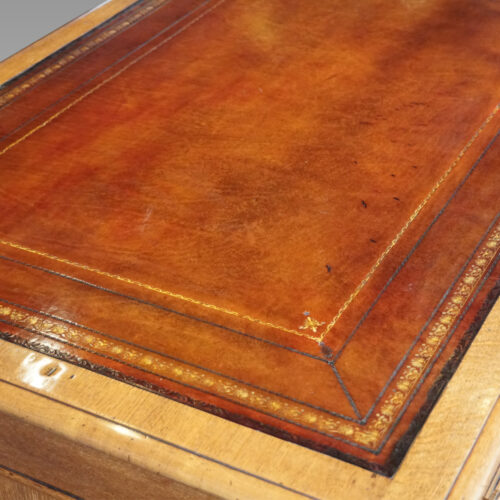 Victorian oak partners desk leather detail