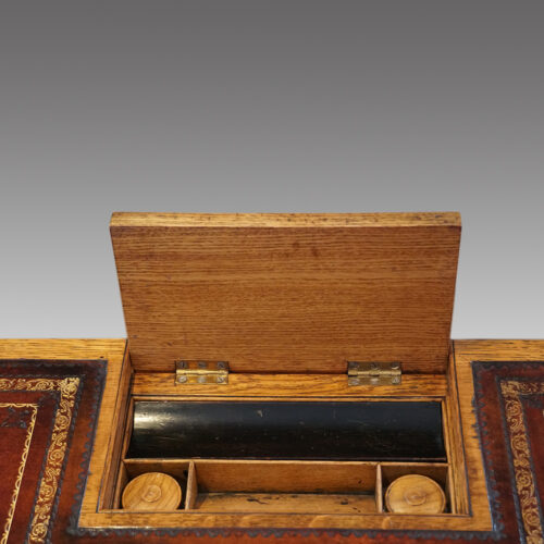 Victorian oak writing table pen tray interior