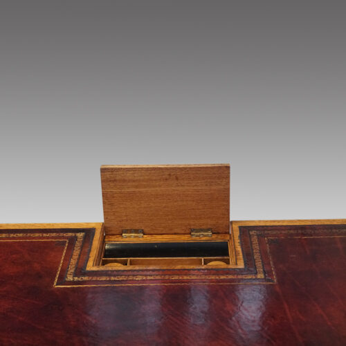 Victorian oak writing table pen tray open