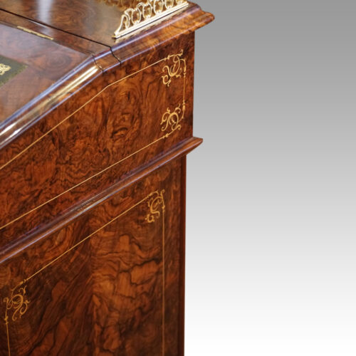 Victorian inlaid walnut Davenport desk back corner