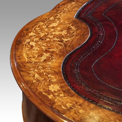 Victorian inlaid walnut kidney desk inlay detail