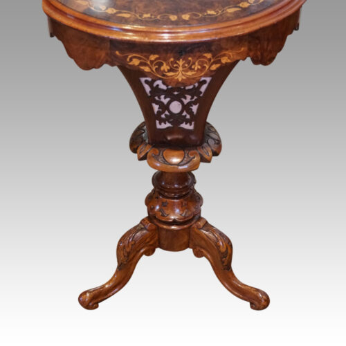 Victorian inlaid walnut oval workbox front