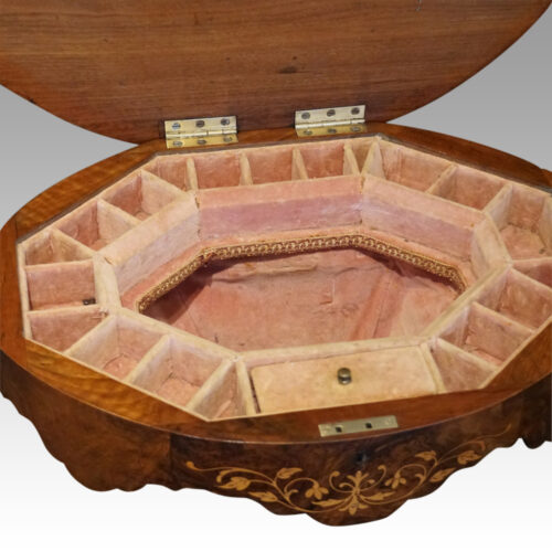 Victorian inlaid walnut oval workbox interior