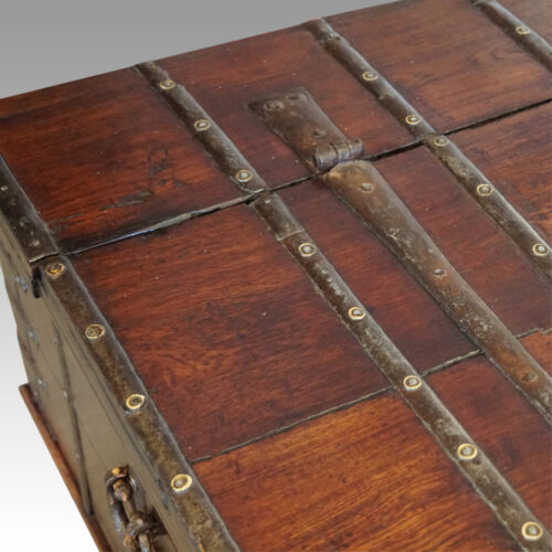 Colonial teak iron bound merchants chest top detail