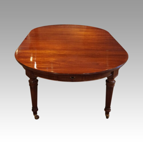 Edwardian mahogany circular extending dining table end view
