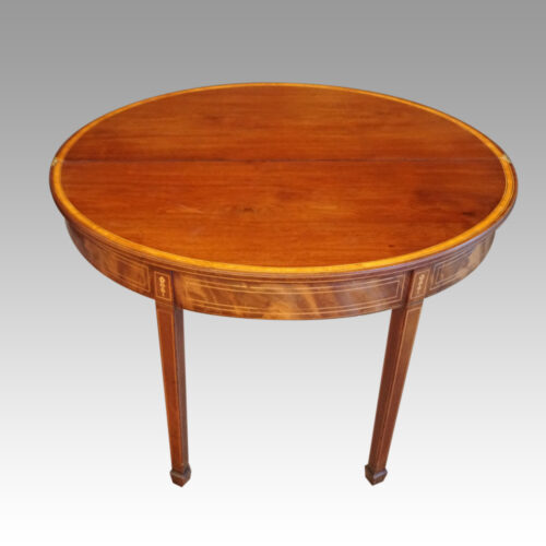 Antique inlaid mahogany demi lune tea table open