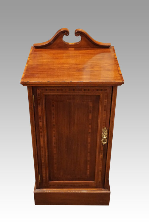 Pair Edwardian inlaid mahogany bedside cabinets front
