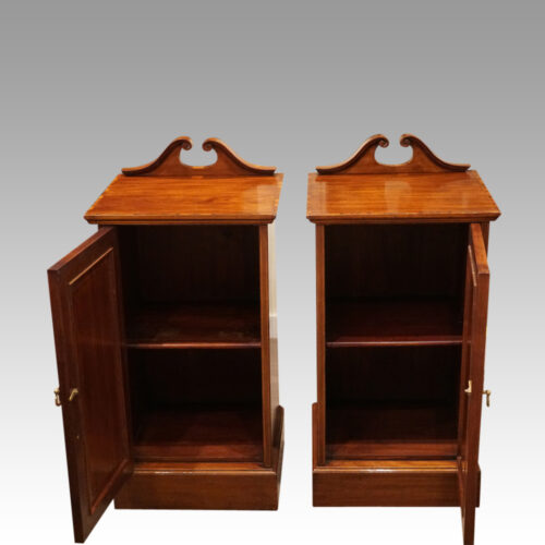 Pair Edwardian inlaid mahogany bedside cabinets interior