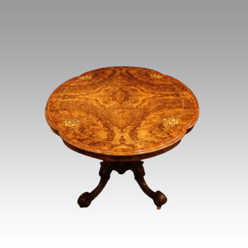 Victorian inlaid walnut loo table end view