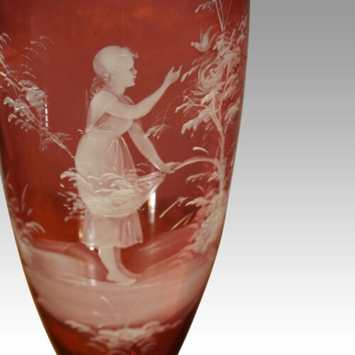 Pair of Mary Gregory cranberry vases young girls detail