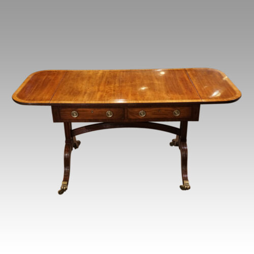 Regency mahogany inlaid sofa table flaps up