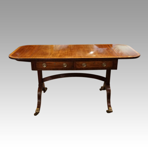 Regency mahogany inlaid sofa table front flaps up