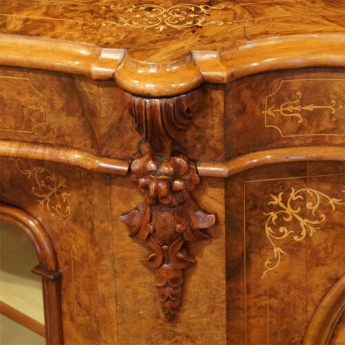 Victorian inlaid walnut side cabinet carving
