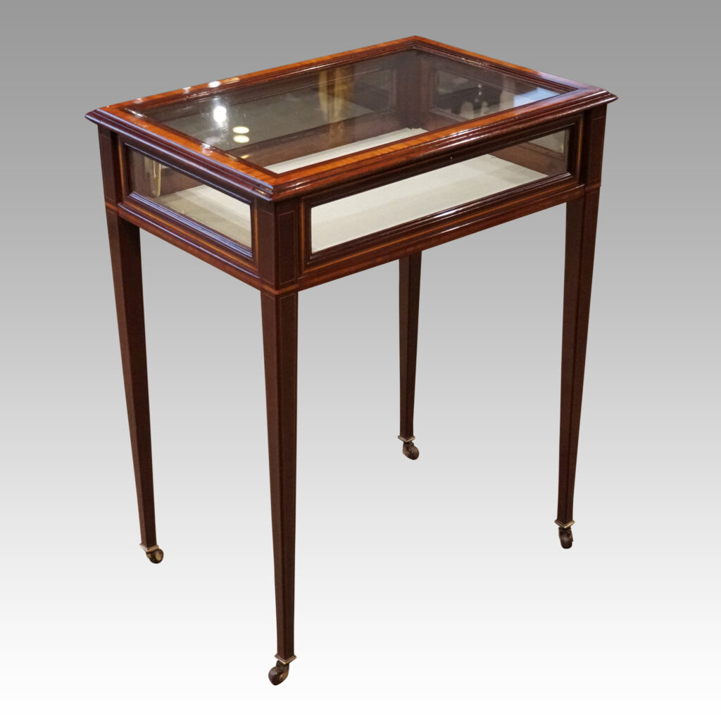 Edwardian inlaid mahogany curio cabinet at angle