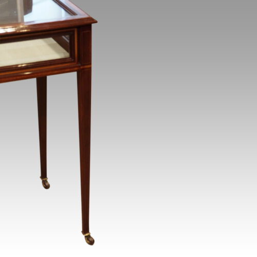 Edwardian inlaid mahogany curio cabinet front leg