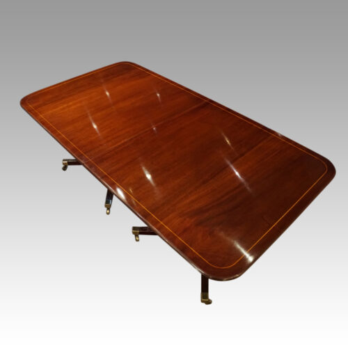 George V mahogany inlaid twin pillar dining table no leaves