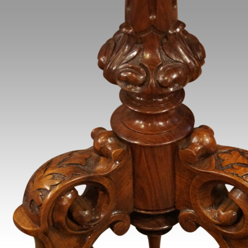 Victorian inlaid walnut Maypole wine table top column detail