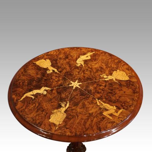 Victorian inlaid walnut Maypole wine table top detail