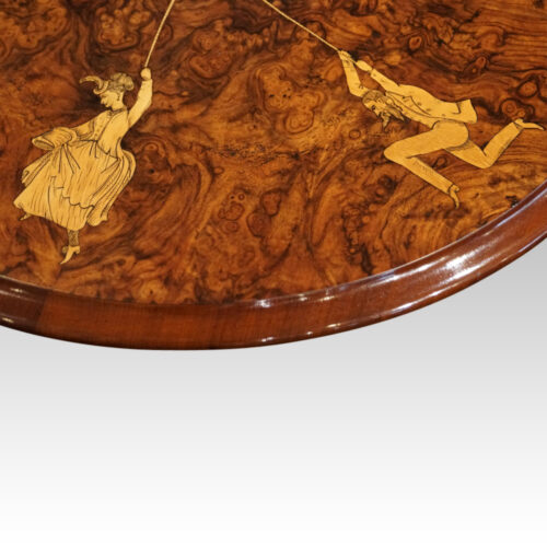 Victorian inlaid walnut Maypole wine table top figures