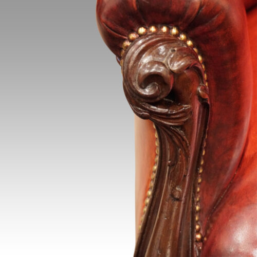Victorian leather button back chair carved arm