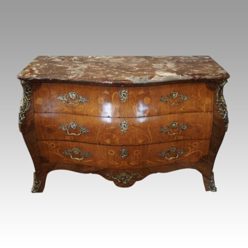 Marble topped marquetry bombe commode