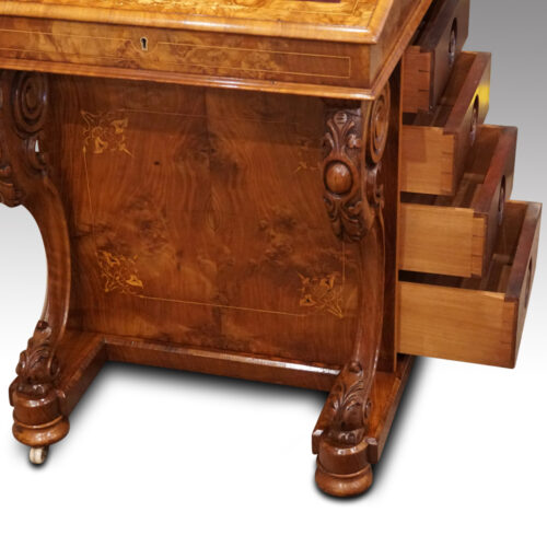 Victorian inlaid walnut Davenport desk drawers open
