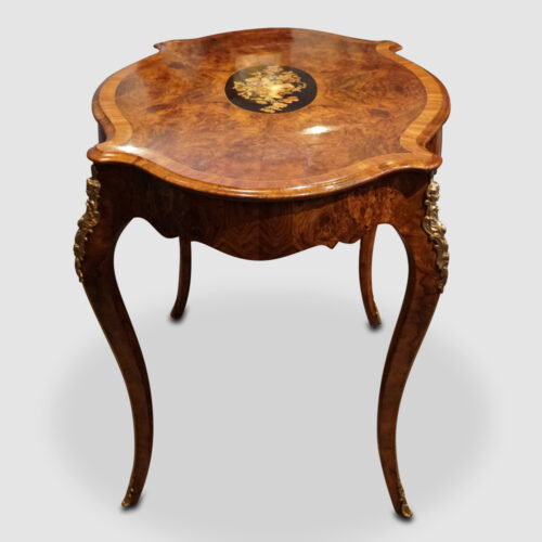 Victorian inlaid walnut centre table end view